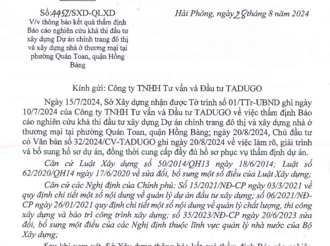 Thông báo thẩm định báo cáo nghiên cứu khả thi đầu tư xậy dựng dự án Quán Toan