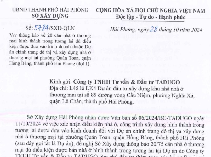 Thông báo 20 căn nhà ở thương mại HTTTL đủ điều kiện được đưa vào kinh doanh (Đợt 1)