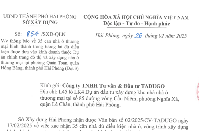 Thông báo 20 căn nhà ở thương mại HTTTL đủ điều kiện được đưa vào kinh doanh (Đợt 3)